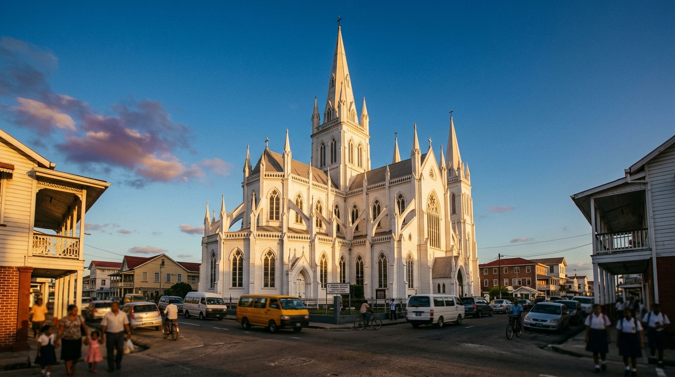 St George's Cathedral in Georgetown Guyana — one of the tallest wooden buildings in the world, painted white with a Gothic Revival spire