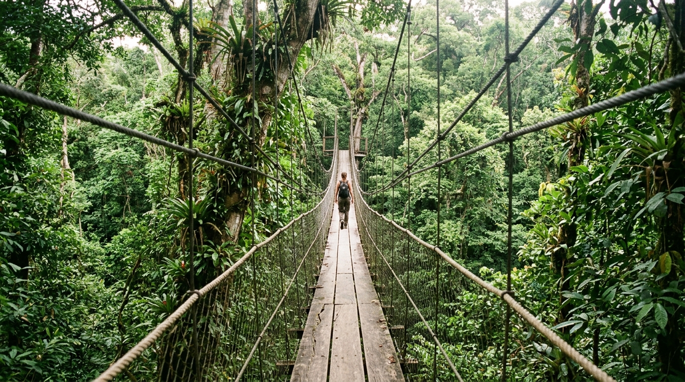 The Iwokrama Canopy Walkway in Guyana — a 154-metre suspension bridge 30 metres above the rainforest floor