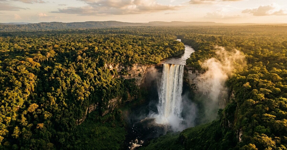 Kaieteur Falls Guyana — the world's largest single-drop waterfall, plunging 226 metres into a misty rainforest gorge