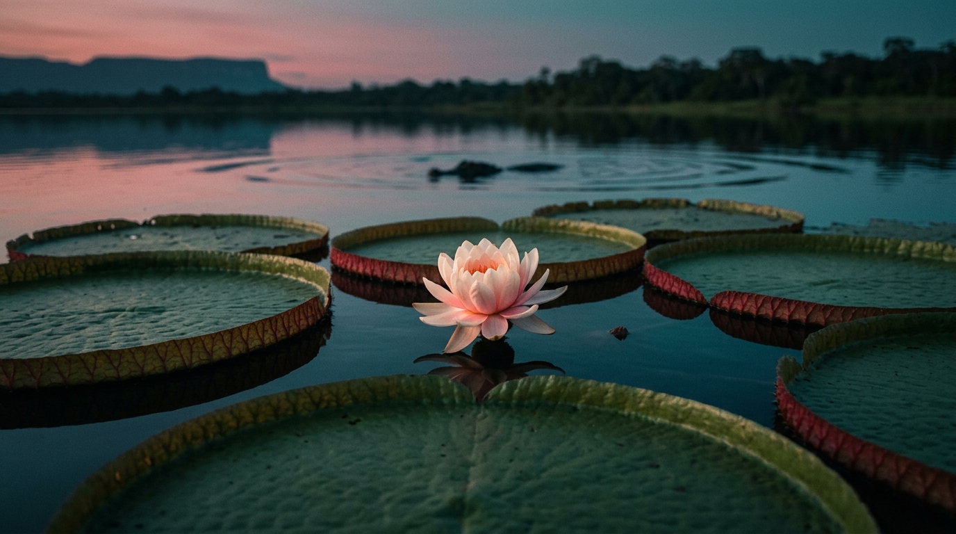 Victoria amazonica giant lily pads on Karanambu Lake in Guyana — 2-metre-wide pads with a single white-pink flower opening at twilight