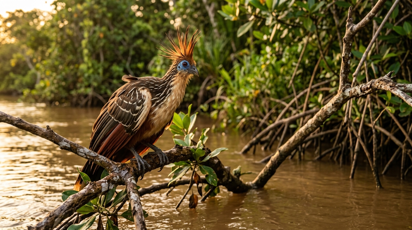 Hoatzin bird — Guyana's national bird with iconic spiky crest and blue face — perched on a mangrove branch over Mahaica Creek