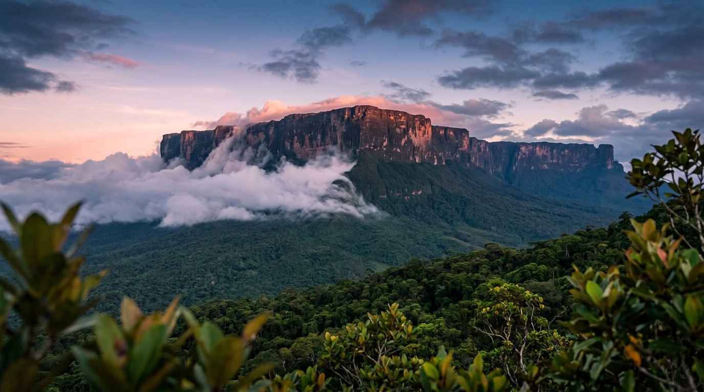 Mount Roraima at sunrise from the Guyana side — a 2,800-metre table-top tepui rising vertically out of dense rainforest