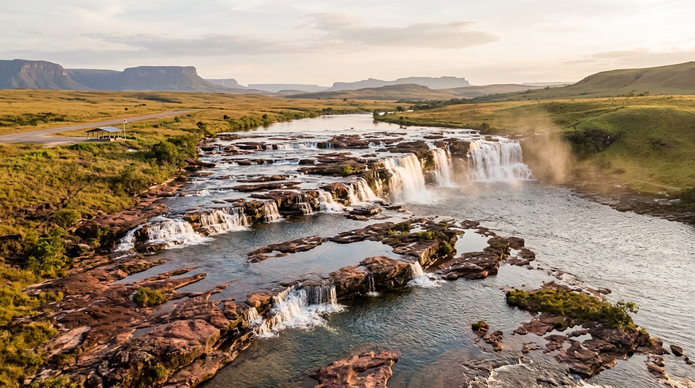 Orinduik Falls on the Ireng River — a wide series of stepped jasper cascades on the Guyana-Brazil border