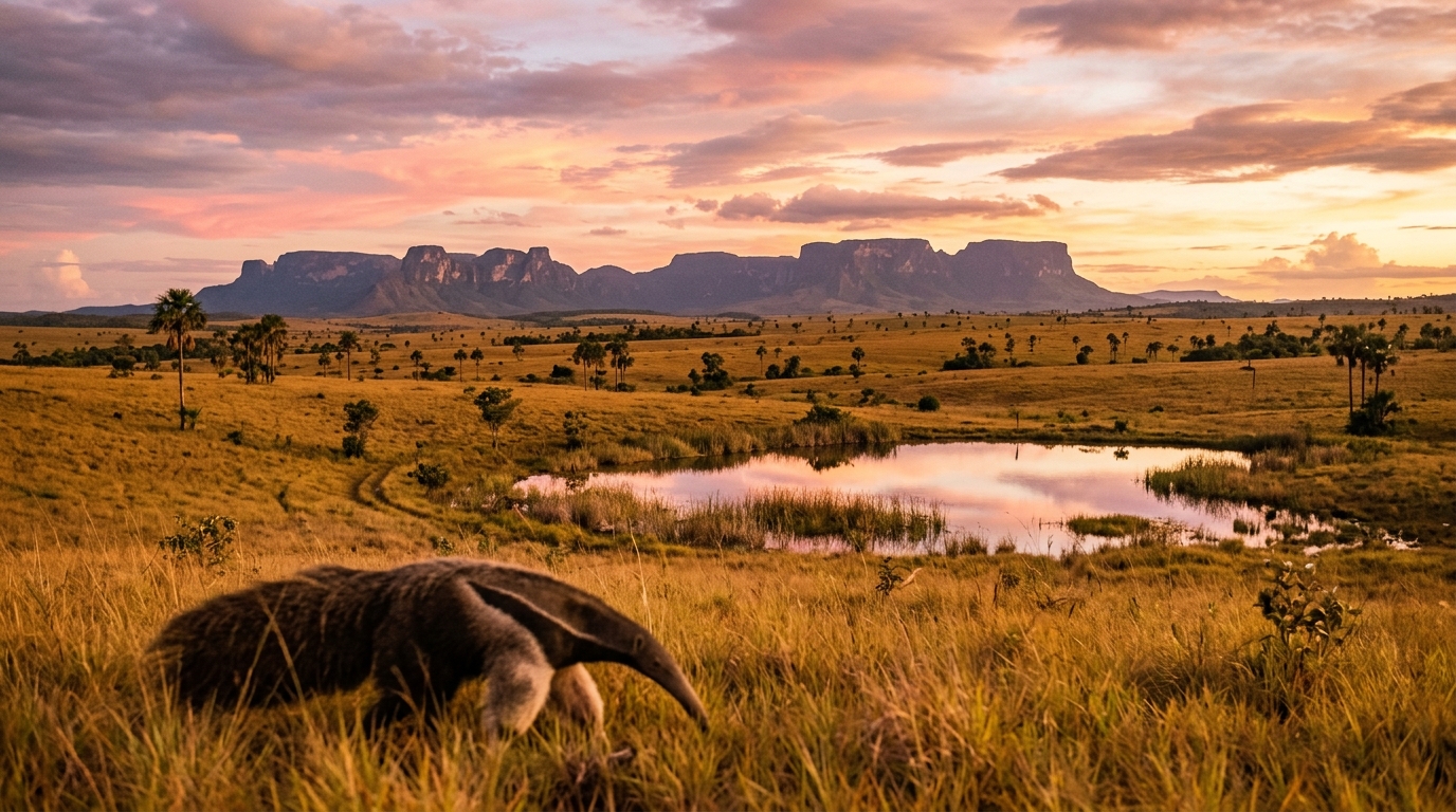 The Rupununi Savannah in Guyana at sunset — golden grasslands stretching to flat-topped mountains