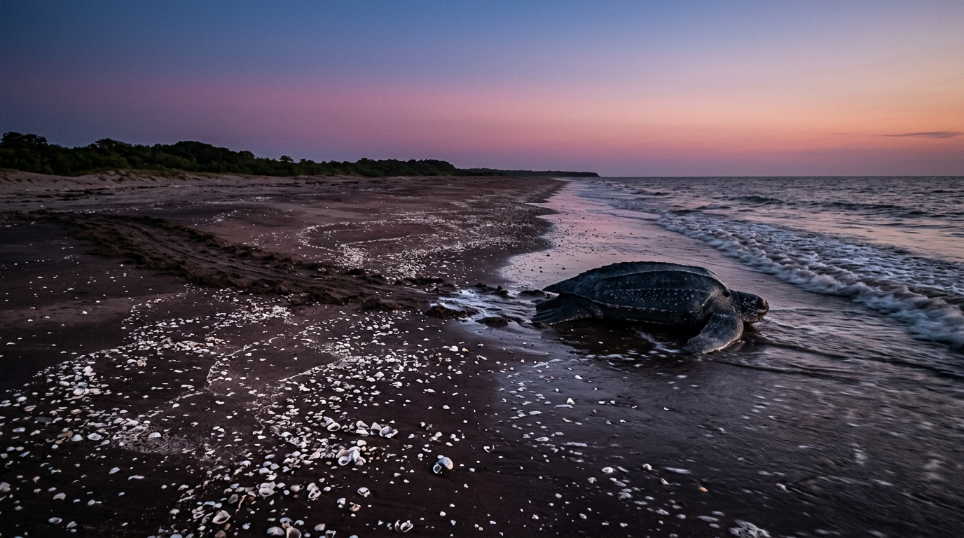 Shell Beach Guyana at twilight — a mother leatherback sea turtle returning to the Atlantic Ocean leaving tracks in the sand