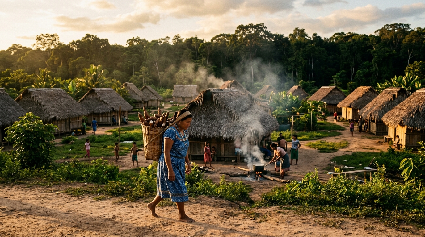 Surama Eco-Lodge in Guyana — traditional Makushi village with palm-thatched houses arranged in the cleared savannah, smoke rising from cooking fires