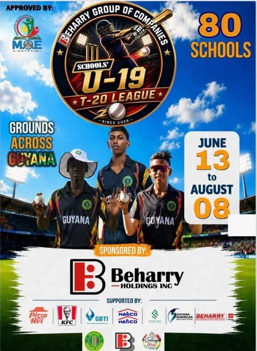Official Beharry Group Under-19 Schools' T20 League 2026 flyer — 80 schools, June 13 to August 8, approved by the Ministry of Education and Beharry Group