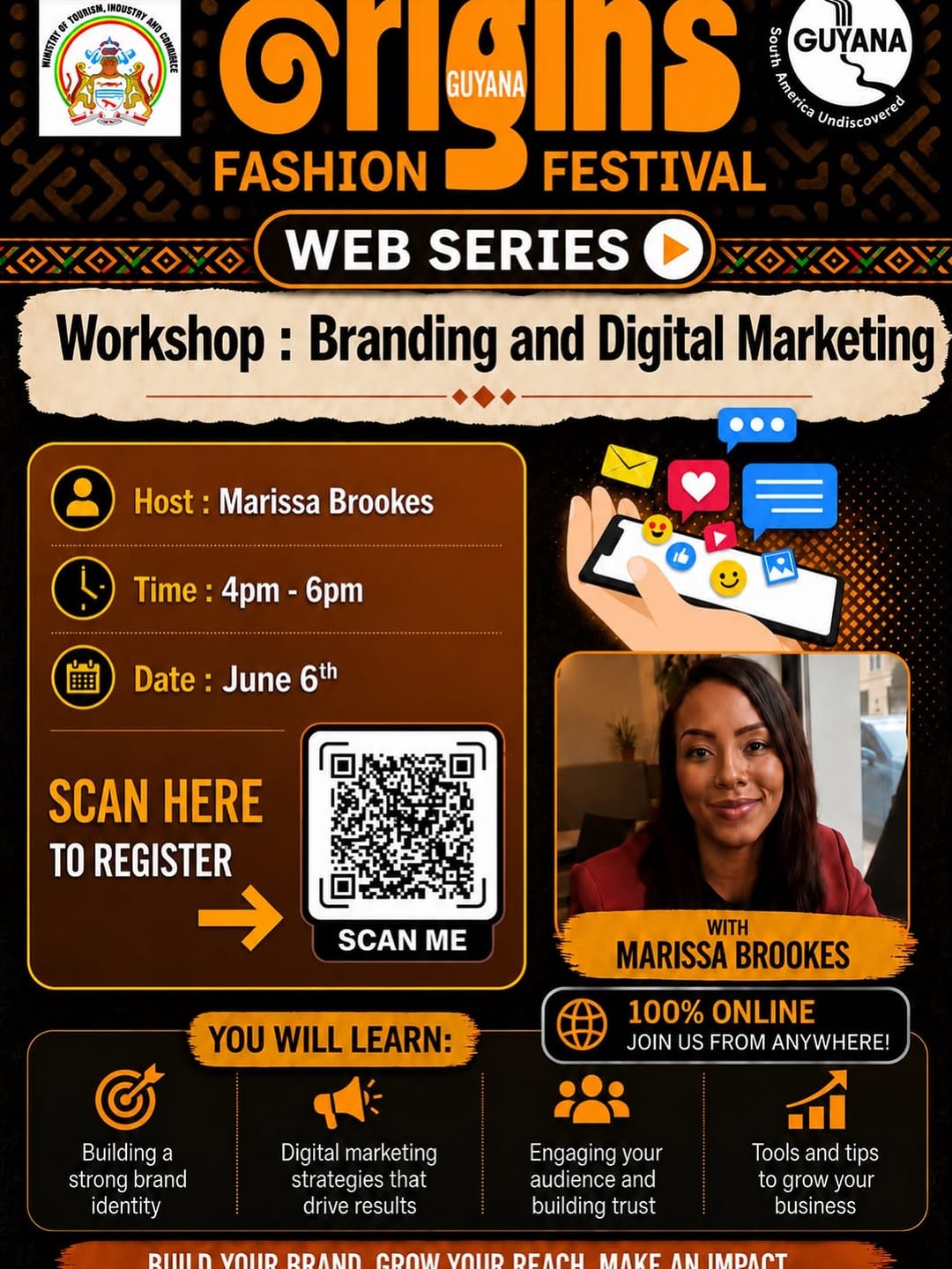 Branding & Digital Marketing official flyer — Origins Guyana Fashion Festival online workshop, host Marissa Brookes, June 6, 4-6 PM, 100% online.
