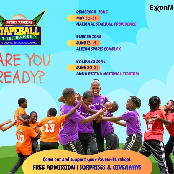 Official Future Warriors Tapeball Tournament 2026 flyer — ExxonMobil Guyana & FL Sport, zone dates and venues