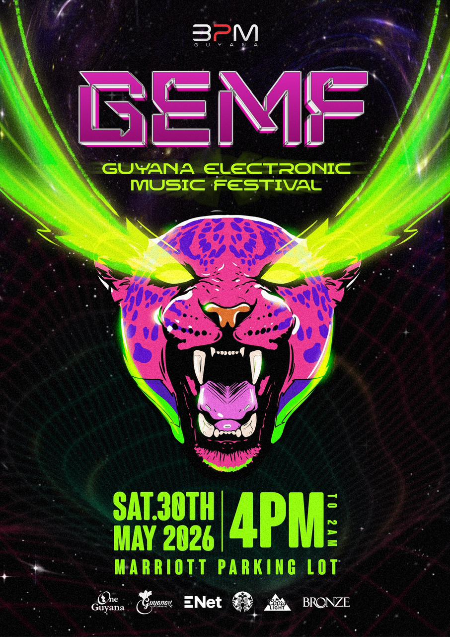 GEMF 2026 — Guyana Electronic Music Festival official flyer by BPM Guyana. Sat May 30, 4 PM to 2 AM, Marriott Parking Lot, Georgetown.