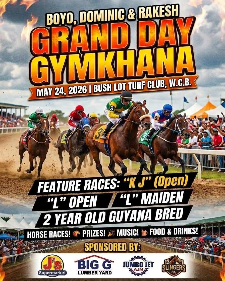 Official Boyo, Dominic & Rakesh Grand Day Gymkhana flyer — May 24, 2026 at Bush Lot United Turf Club, West Coast Berbice