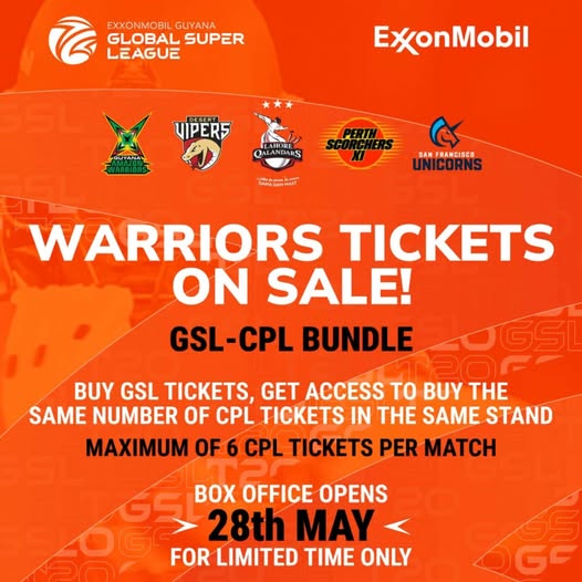 Official GSL-CPL Ticket Bundle flyer — Amazon Warriors tickets on sale 28th May, get same number of CPL tickets in same stand (max 6 per match), all 5 GSL franchises shown