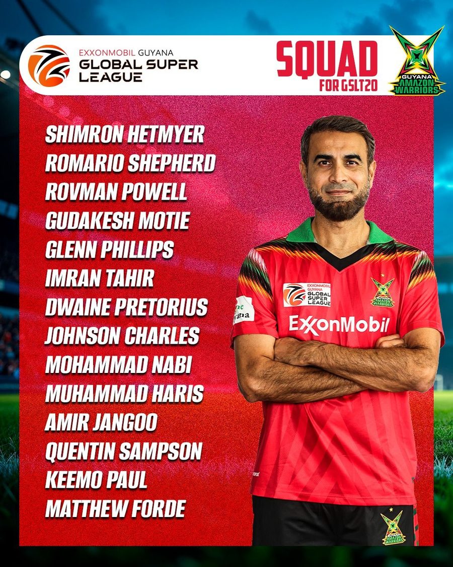 Official Guyana Amazon Warriors squad flyer for the 2026 Global Super League (GSLT20), naming all 14 players: Shimron Hetmyer, Romario Shepherd, Rovman Powell, Gudakesh Motie, Glenn Phillips, Imran Tahir, Dwaine Pretorius, Johnson Charles, Mohammad Nabi, Muhammad Haris, Amir Jangoo, Quentin Sampson, Keemo Paul and Matthew Forde