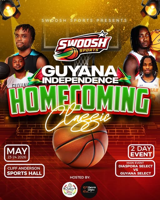 Official Guyana Independence Homecoming Classic flyer — Swoosh Sports presents, May 23-24 2026 at Cliff Anderson Sports Hall