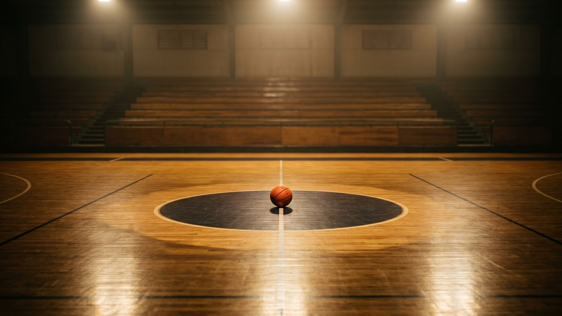 Polished hardwood basketball court at Cliff Anderson Sports Hall before tipoff, single ball at centre court, dramatic overhead lighting
