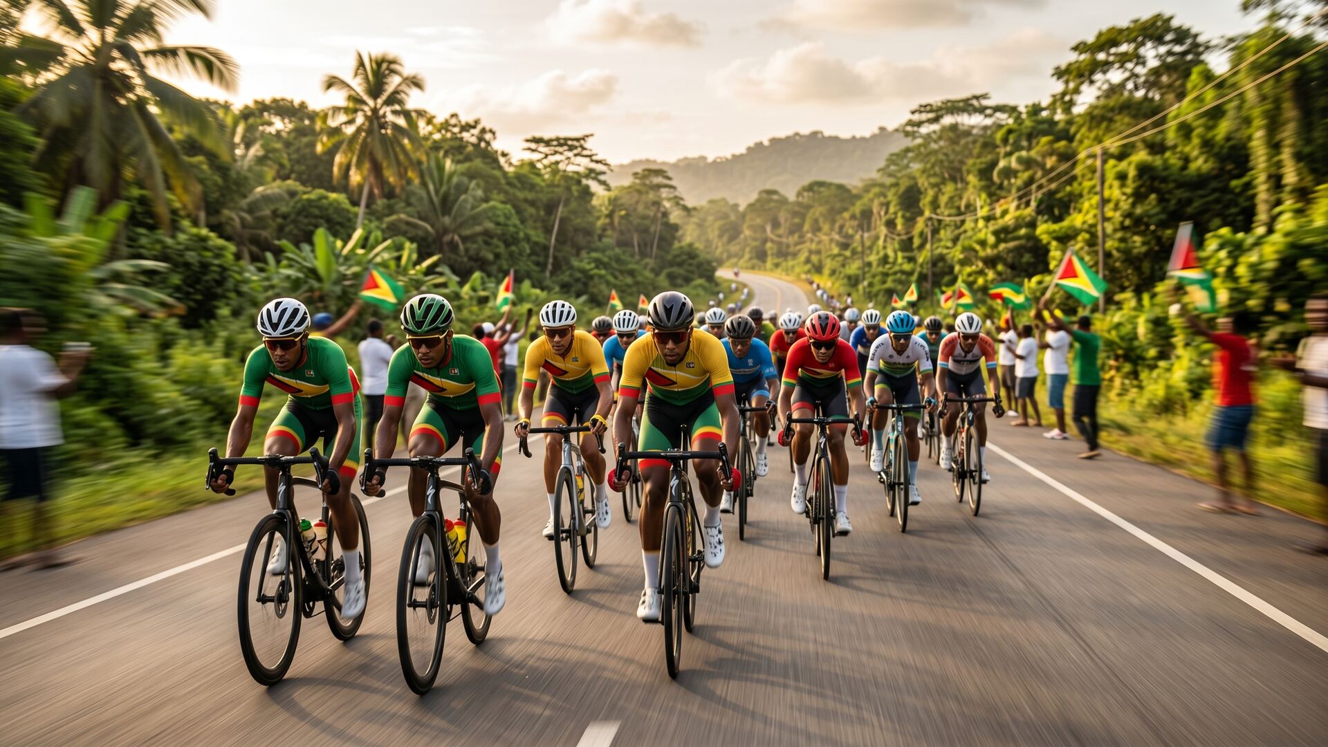 Cyclists racing on a Guyana road during the Independence 3-Stage Cycling Race