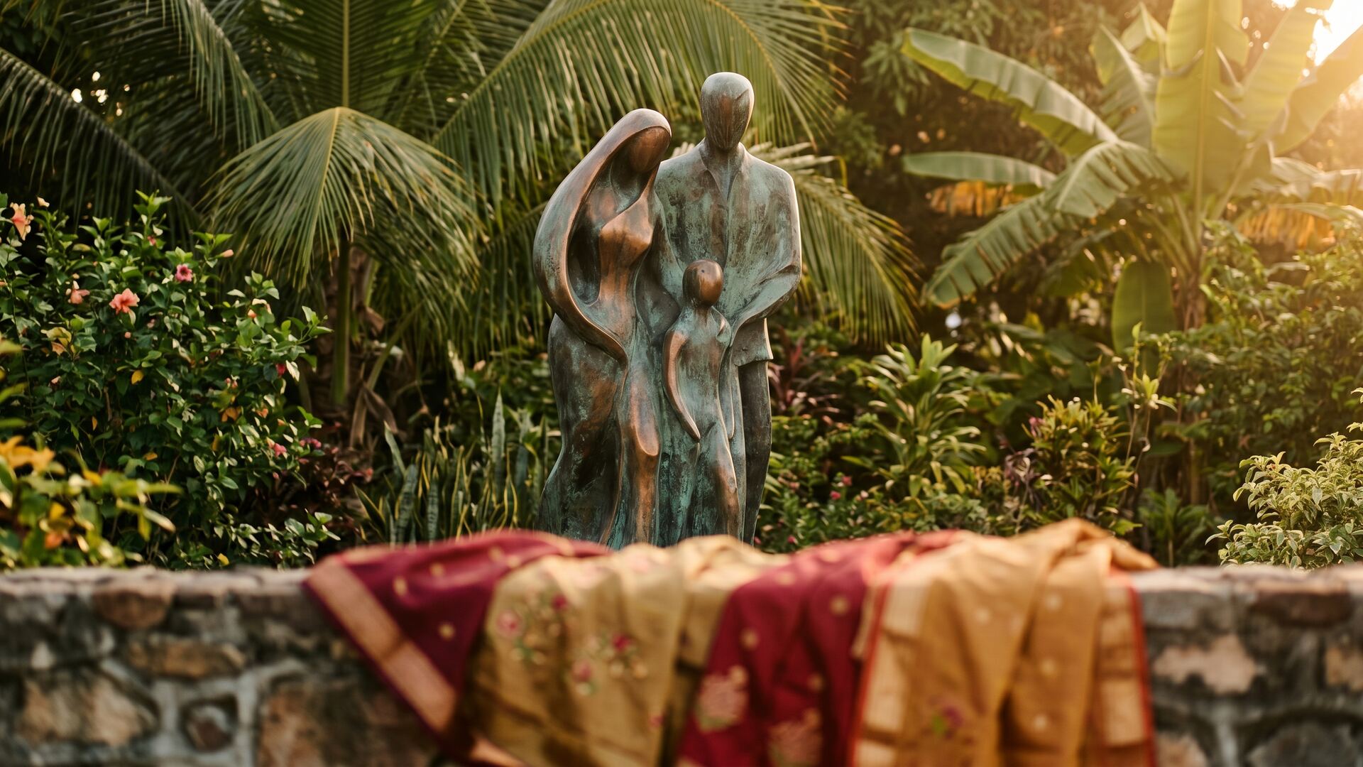 Bronze monument figures at golden hour with lush tropical foliage and draped heritage fabric in soft focus