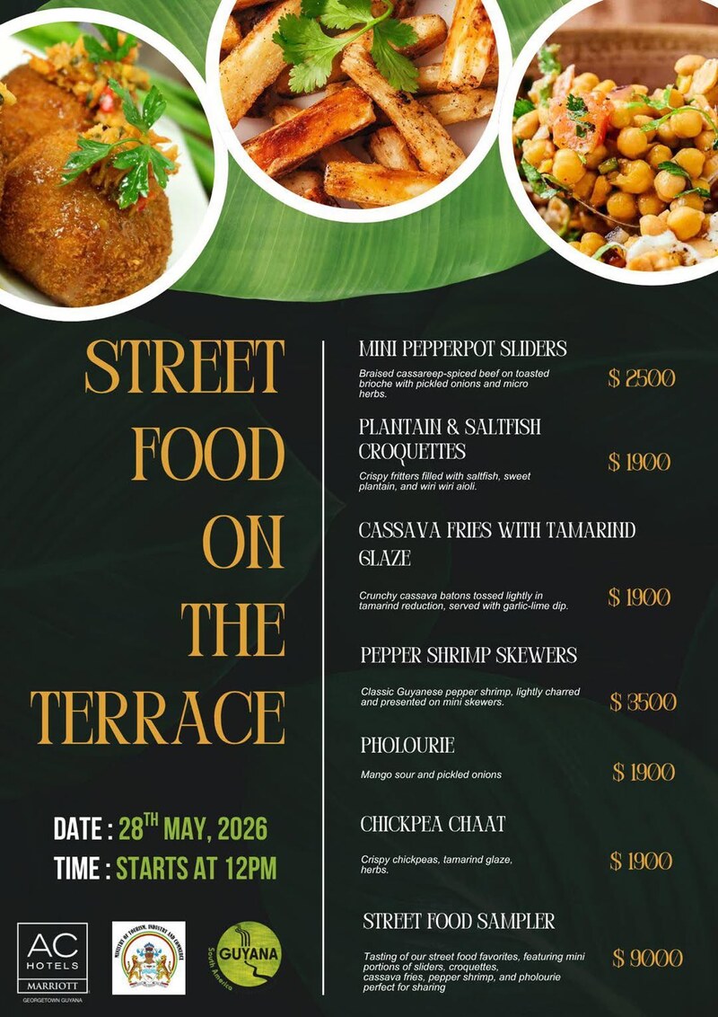 Official Street Food on the Terrace flyer for AC Hotel by Marriott Georgetown — May 28, 2026 at 12 PM, à-la-carte Guyanese street food menu