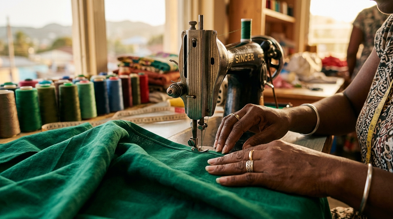 Hands guiding emerald-green fabric through a sewing machine with a neat professional seam finish