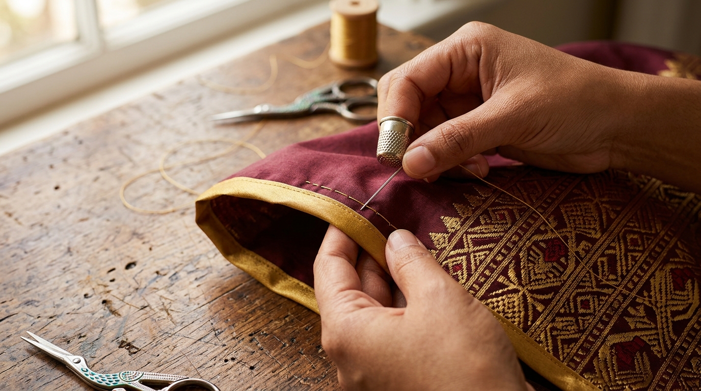 Hands hand-stitching a clean bound hem on maroon and gold fabric with a thimble and needle