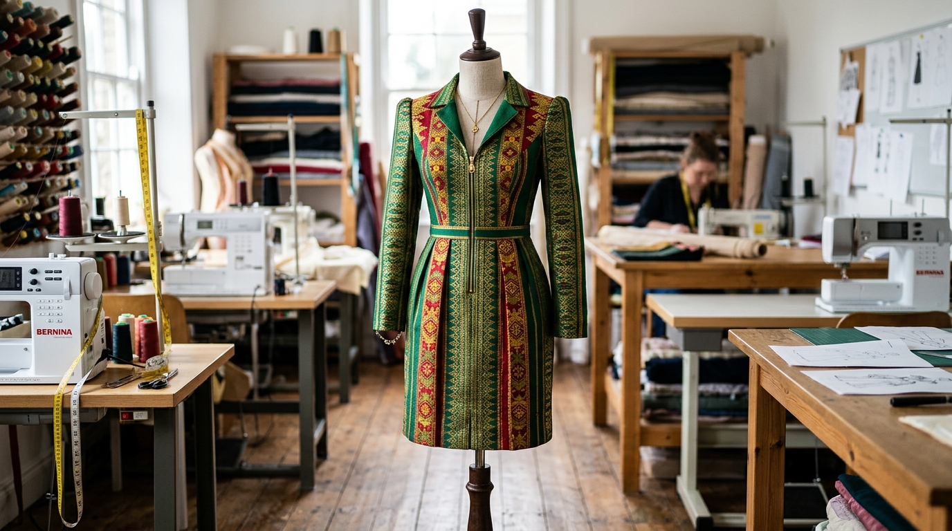 A finished tailored garment in green, gold and red fabric on a dress form in a bright studio