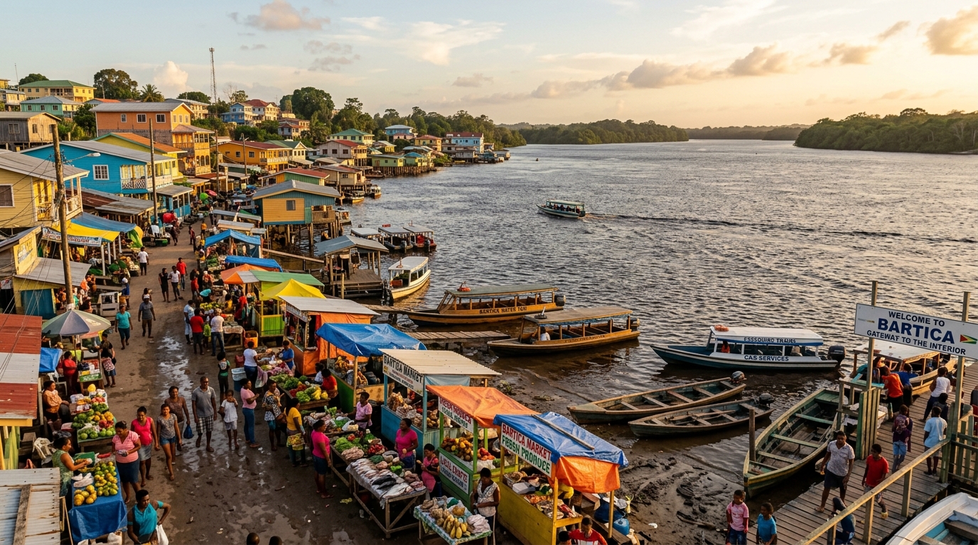 Bartica town at golden hour — riverside Guyanese town at the confluence of three rivers