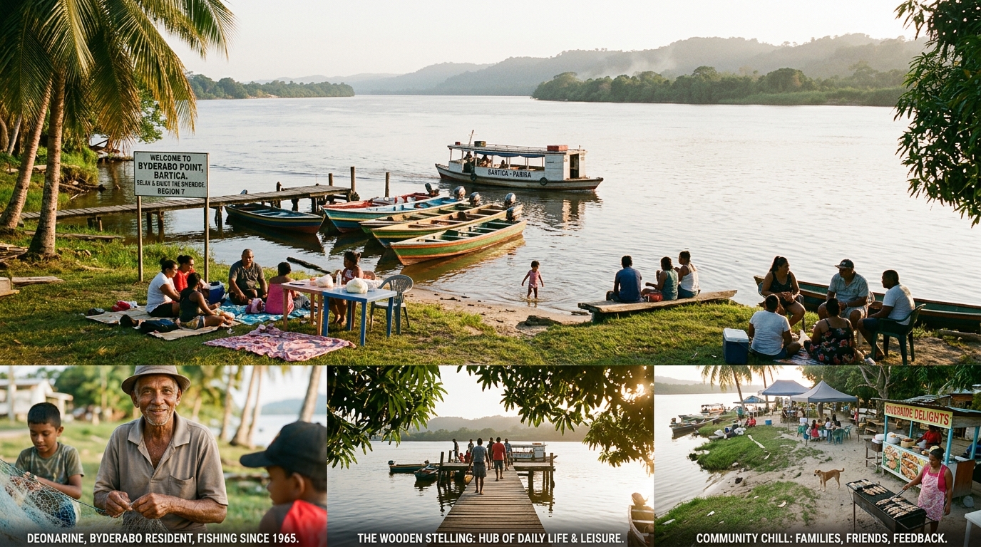 Byderabo Point Bartica — riverside chill spot with families and a wooden jetty