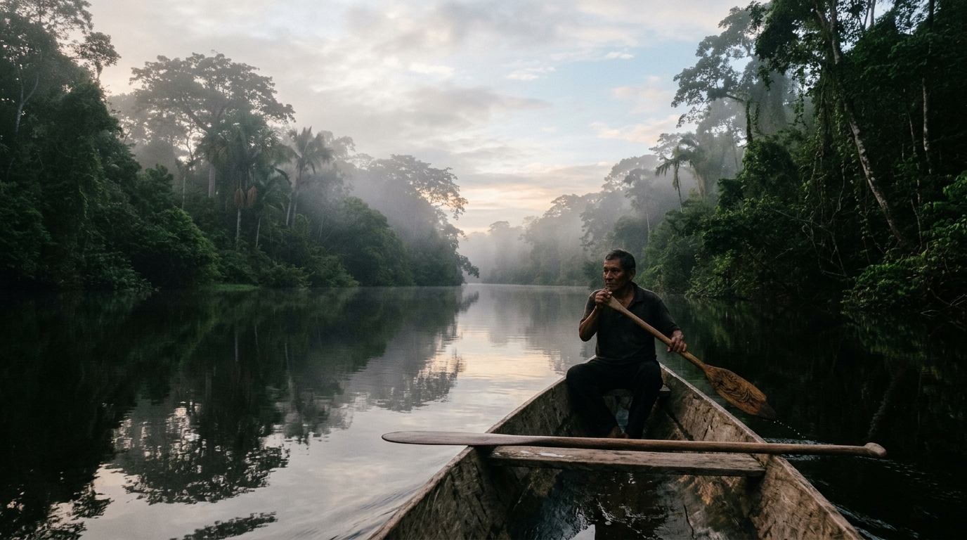Calm Demerara River reflecting rainforest canopy at dawn — Malali tour