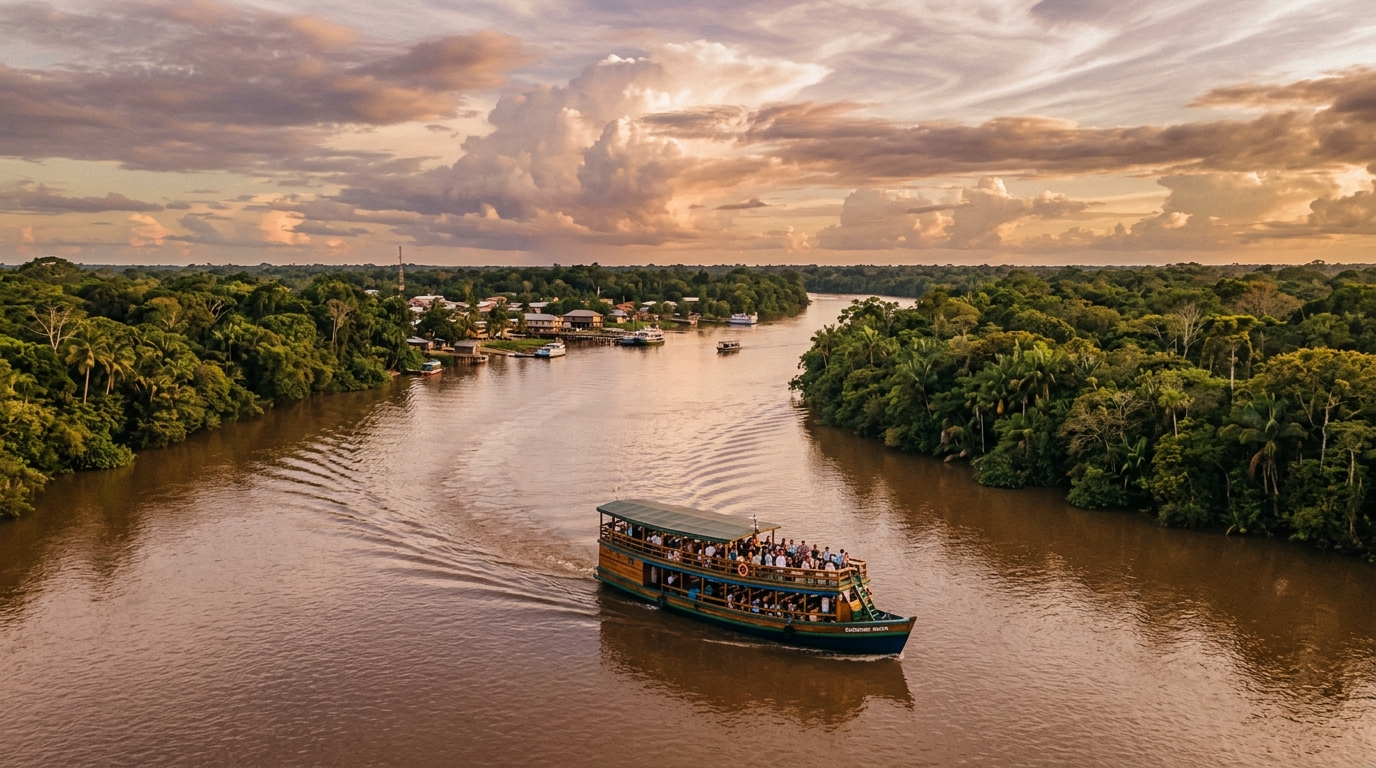 Wooden tour boat on the Essequibo River at golden hour — Scenic Scapes Adventures Bartica