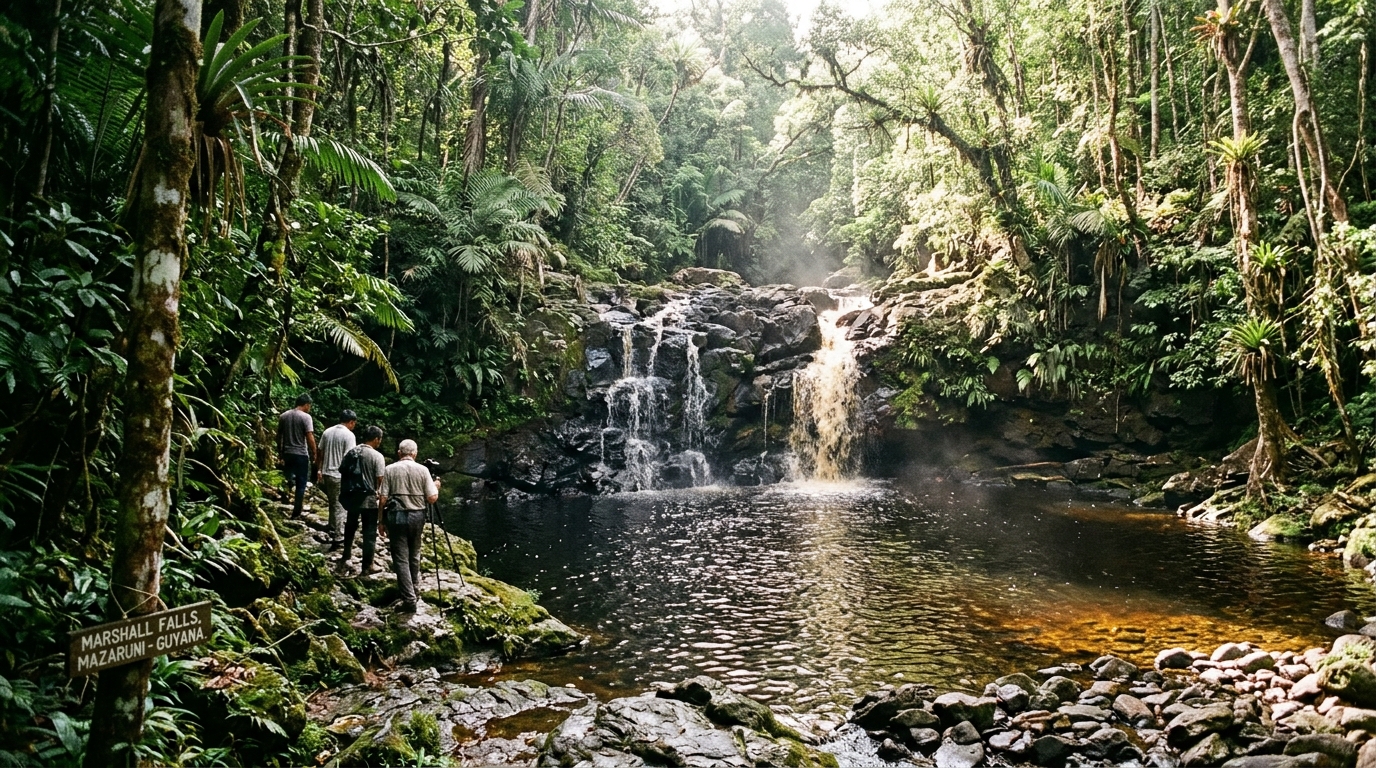 Marshall Falls in the Essequibo region — small cascading waterfall over dark rocks