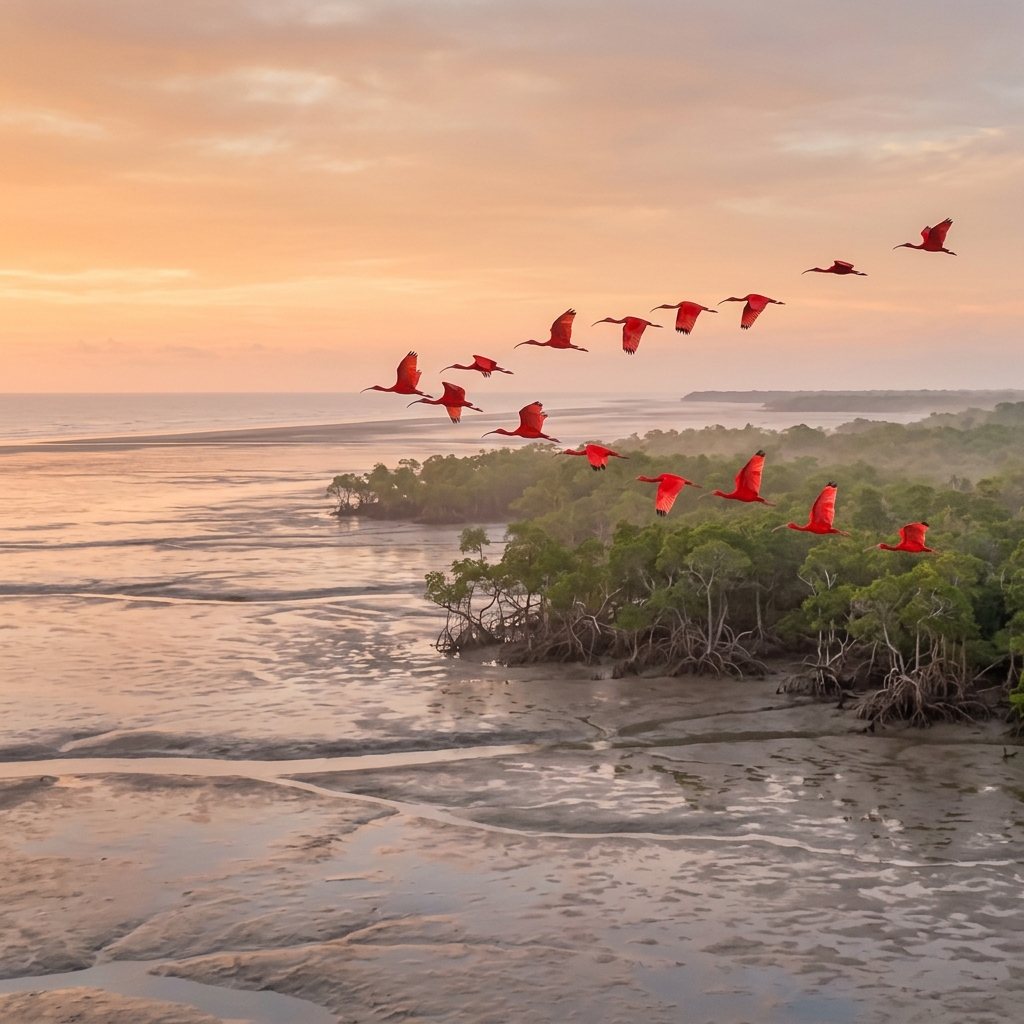 Scarlet ibis V-formation over Guyana's mangrove coast at dawn