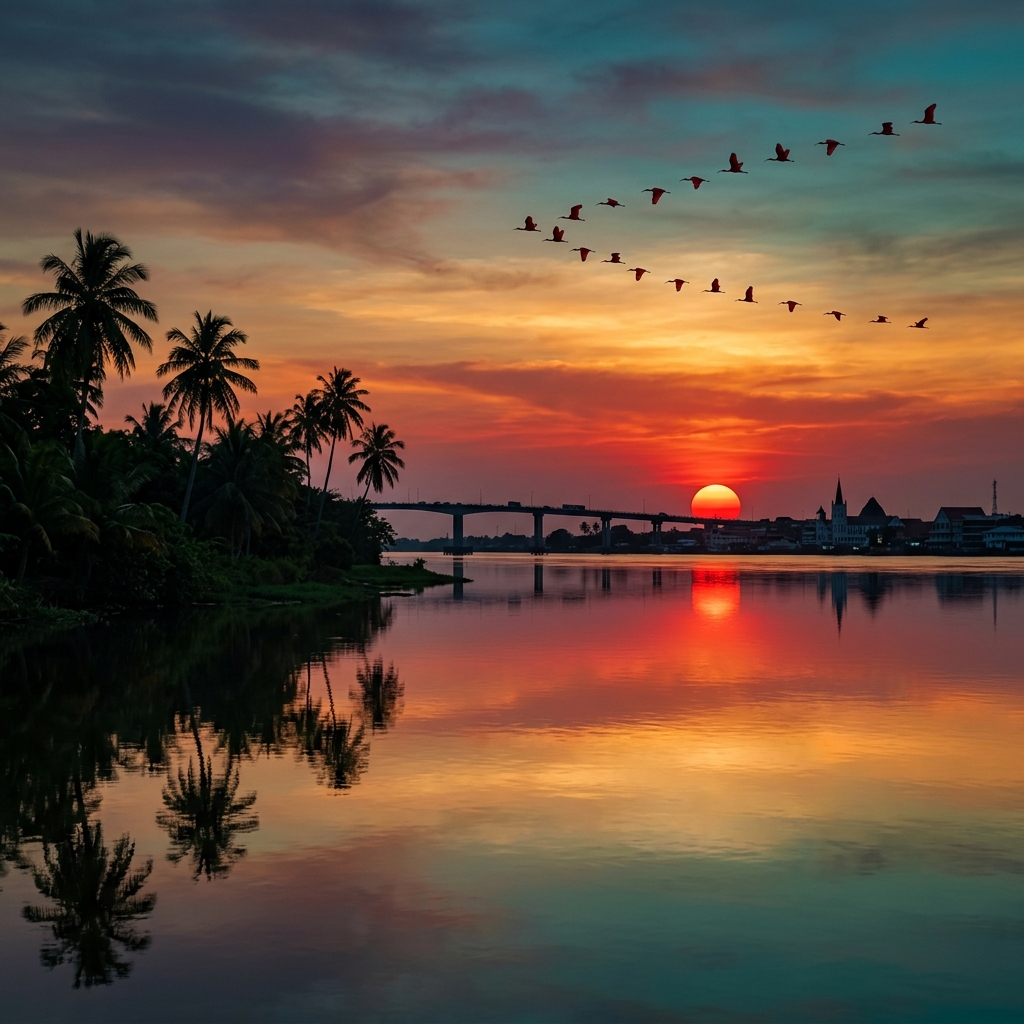 Demerara River sunset cruise with Demerara Harbour Bridge silhouette and scarlet ibis