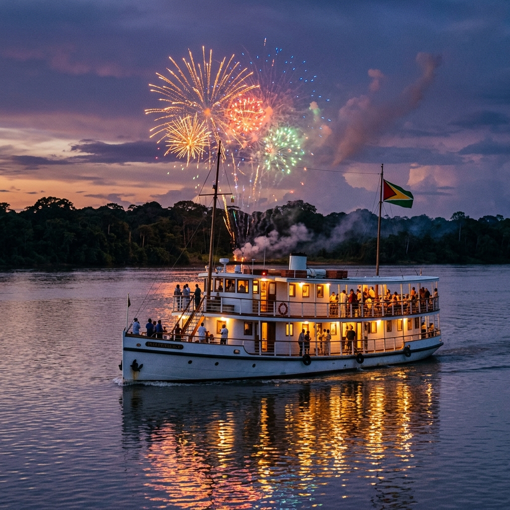 Diamond Odyssey Cruise vessel on the Essequibo with Independence fireworks overhead