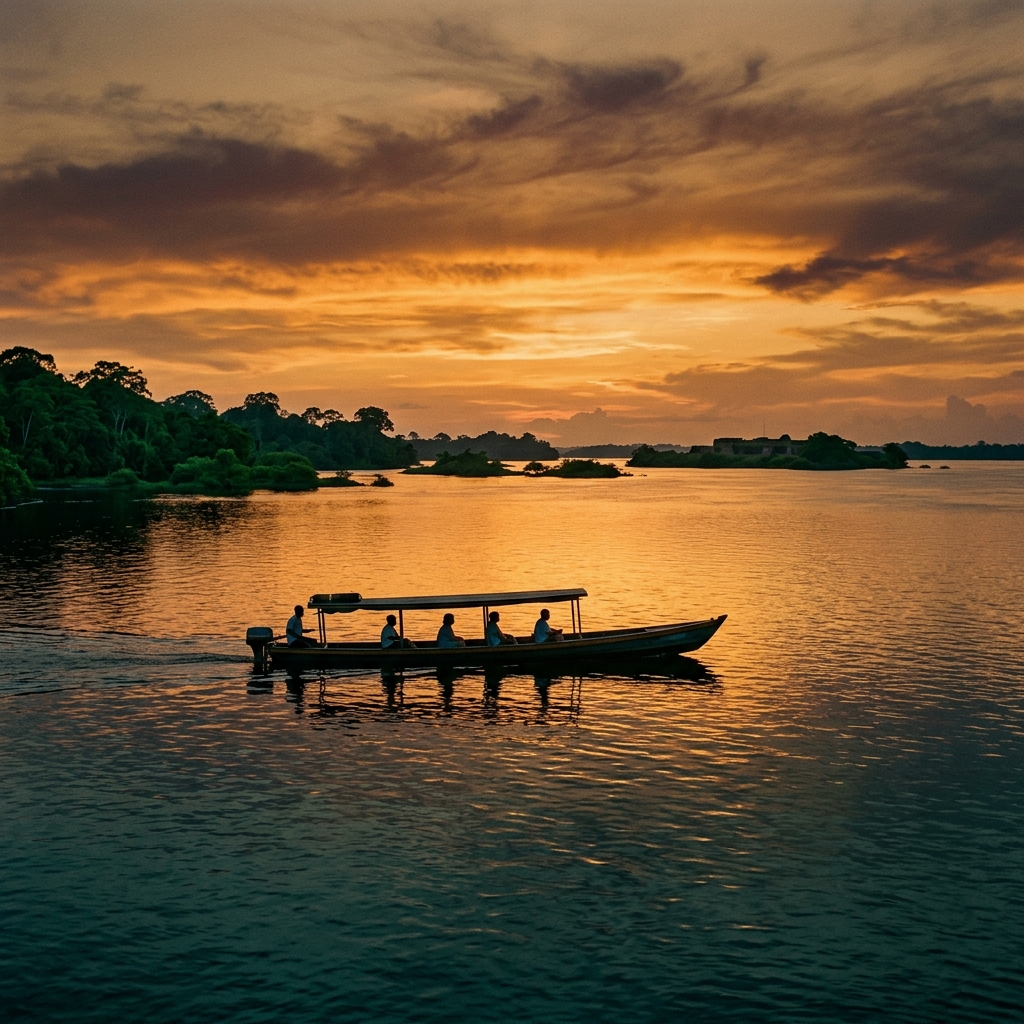 Wooden boat on the Essequibo River at sunset with Fort Island silhouette