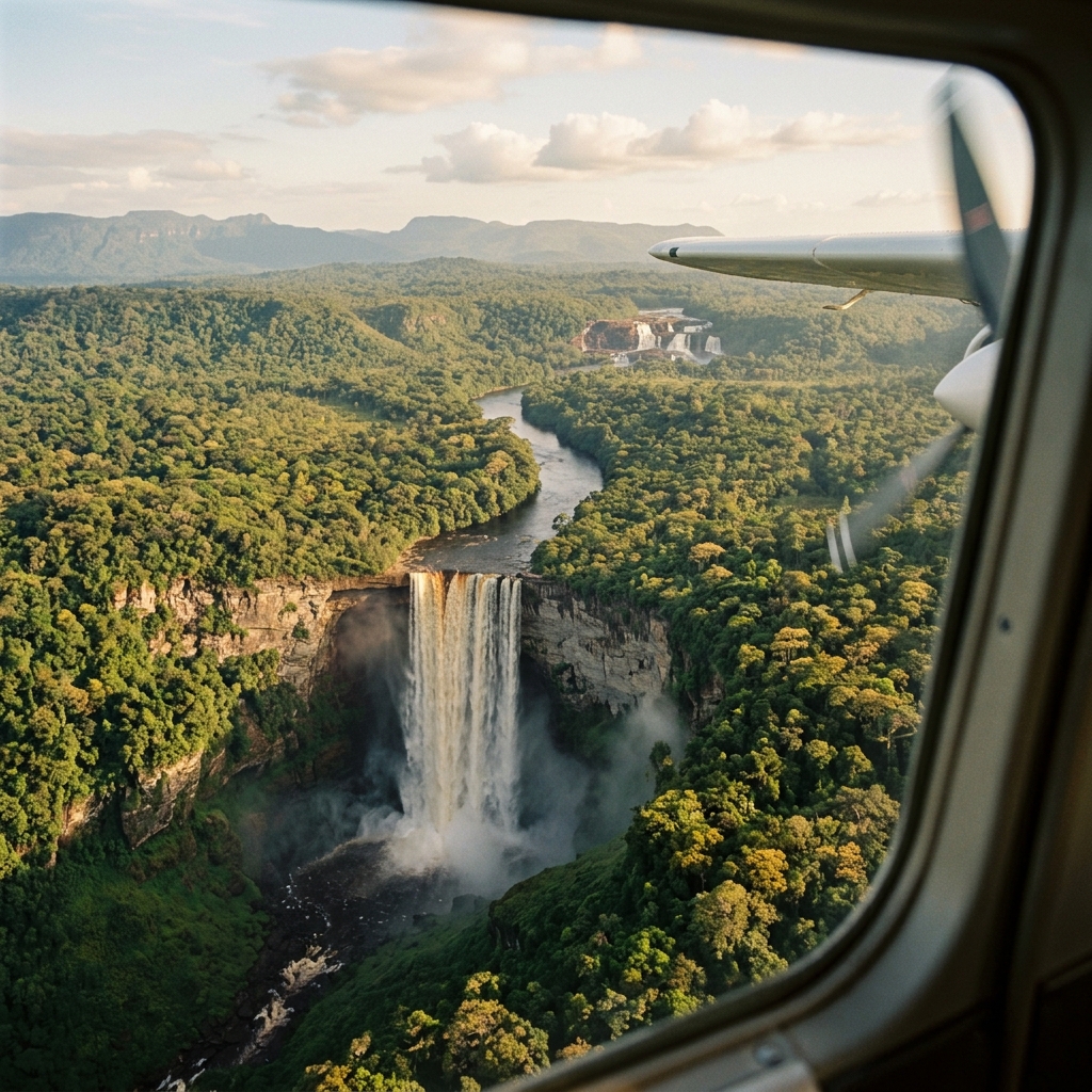 Aerial view of Kaieteur Falls from a chartered flight with Orinduik in the distance