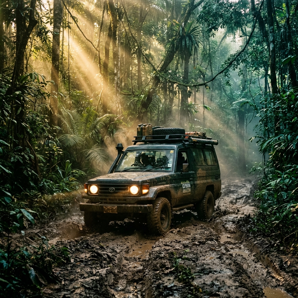 4x4 expedition vehicle on a misty rainforest jungle road in Guyana's interior