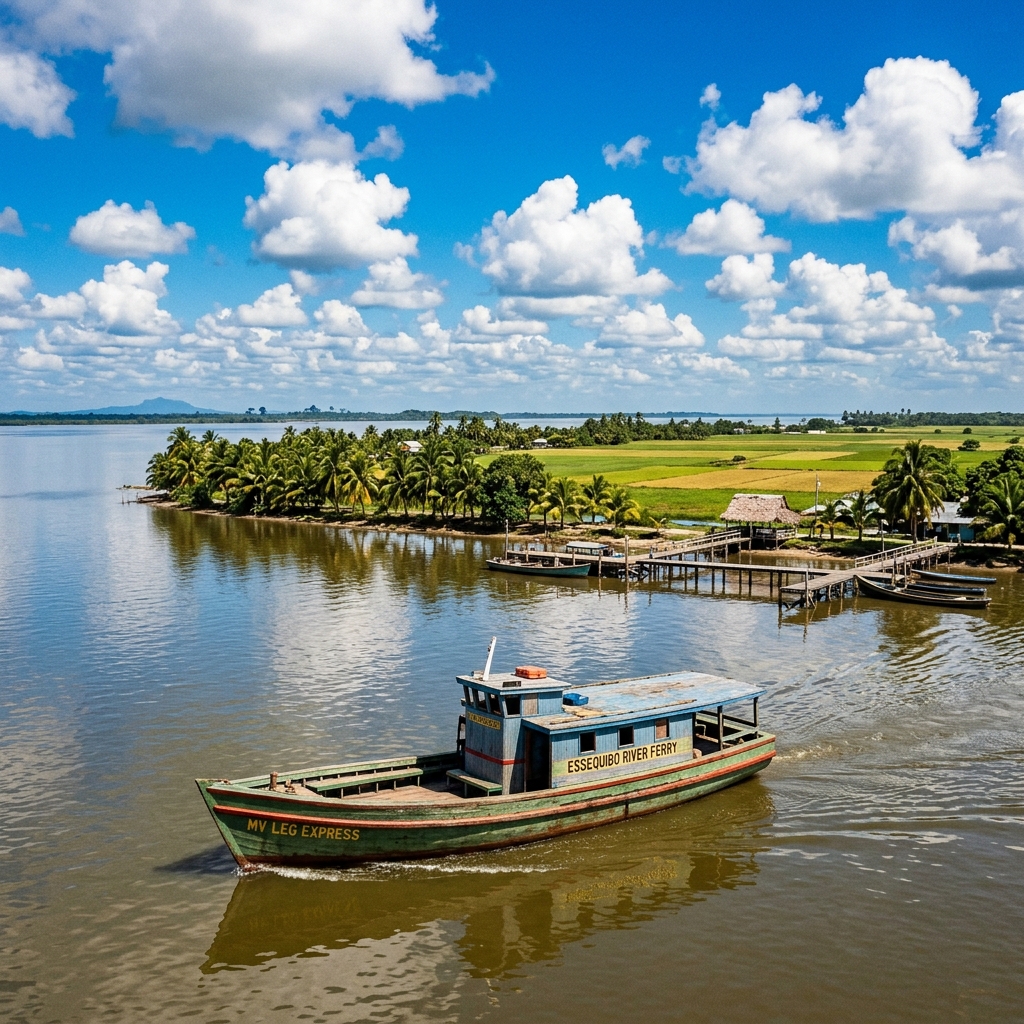 Leguan Island ferry approaching the Essequibo riverbank