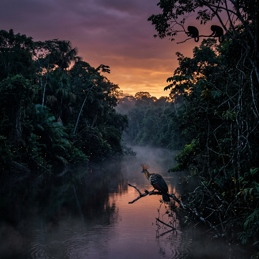 Twilight on the Mahaica River with howler monkey silhouettes and hoatzin