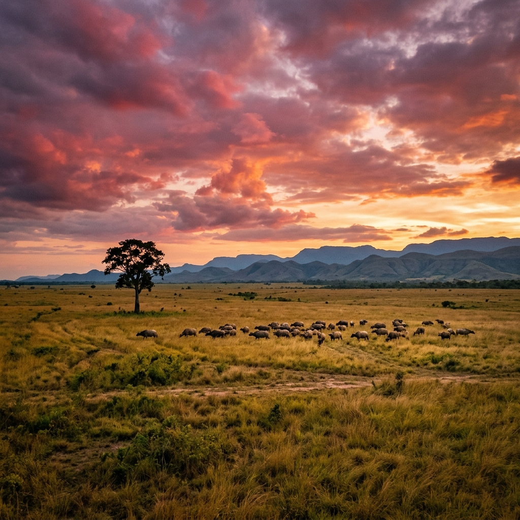 Rupununi savannah at dusk with low blue mountains