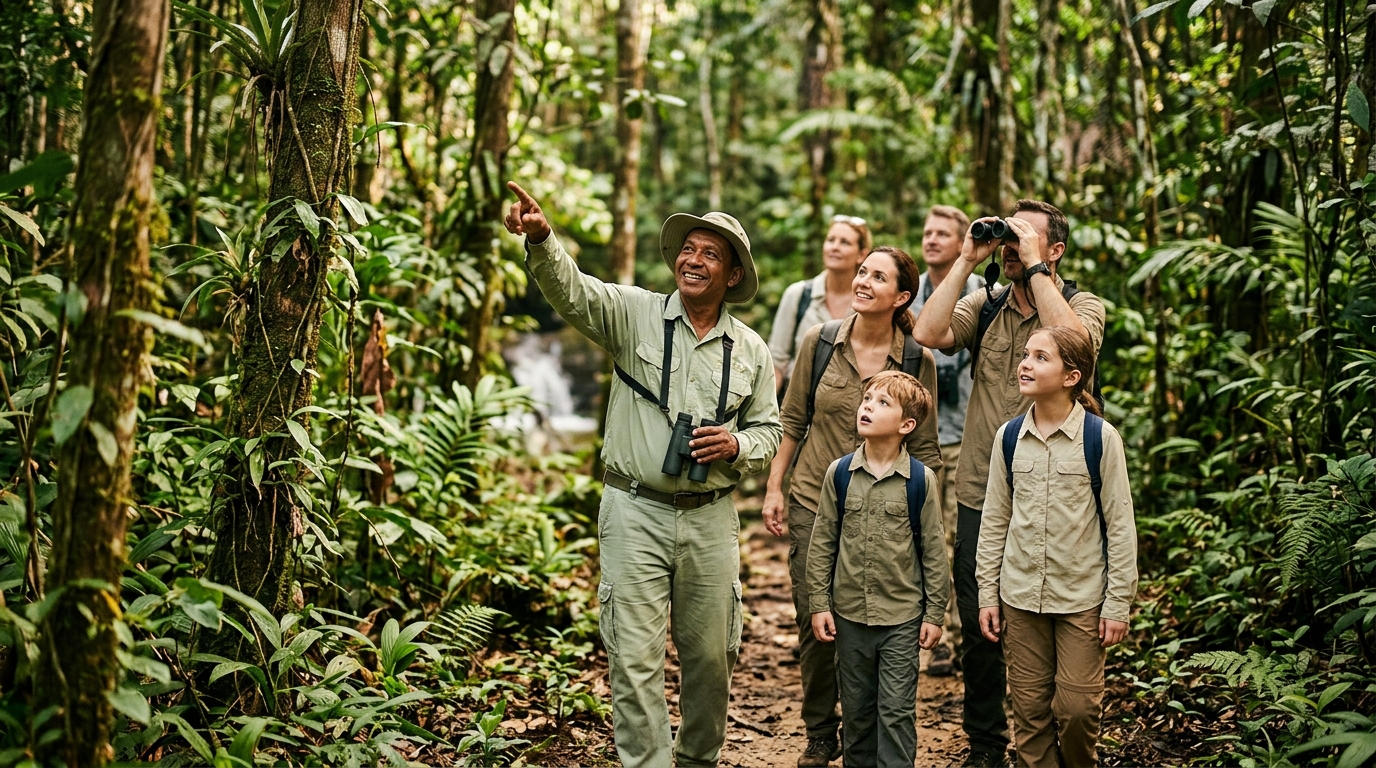 Family on a custom guided tour exploring the Guyana interior with a local guide