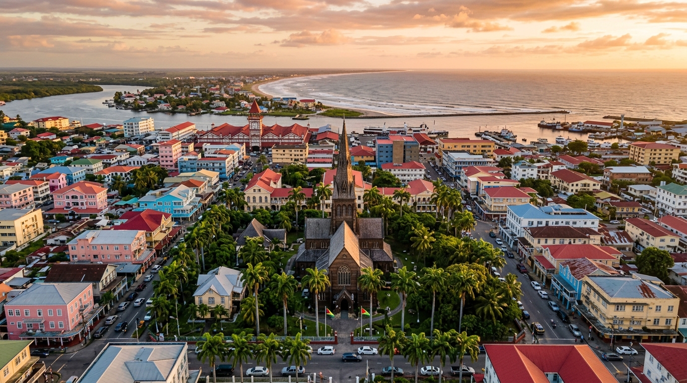 Colorful Georgetown Guyana at golden hour — St George's Cathedral and palm trees