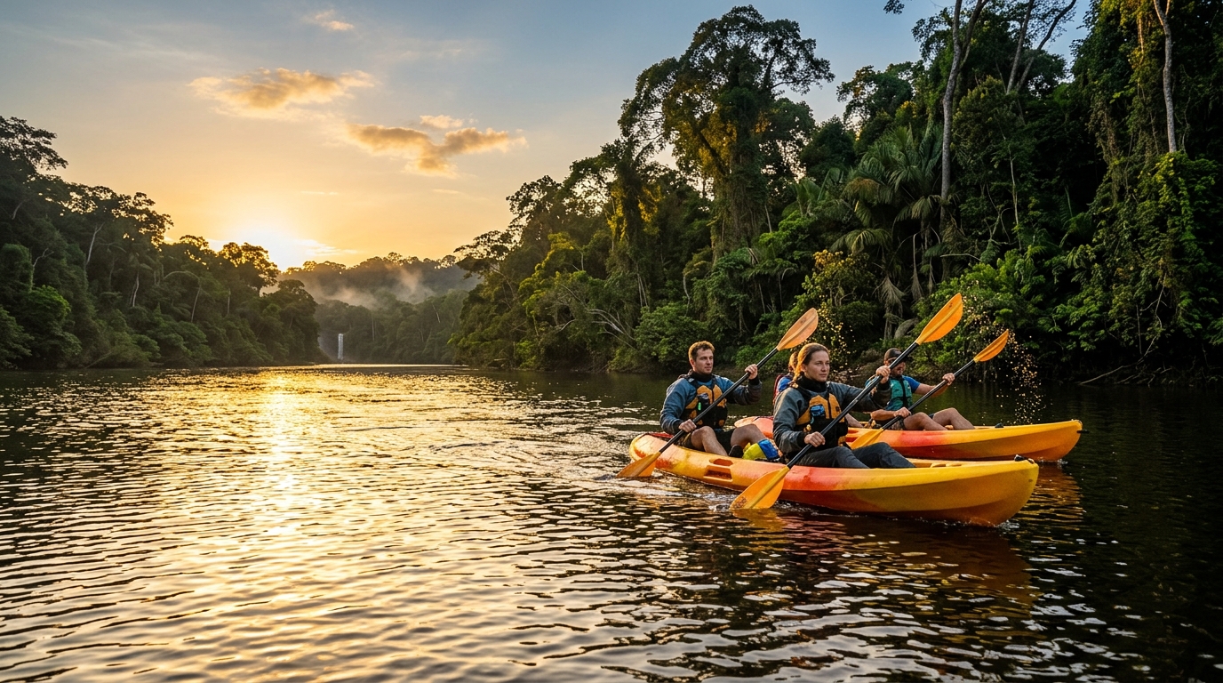 Kayakers paddling on a calm jungle-fringed river in Guyana at golden hour