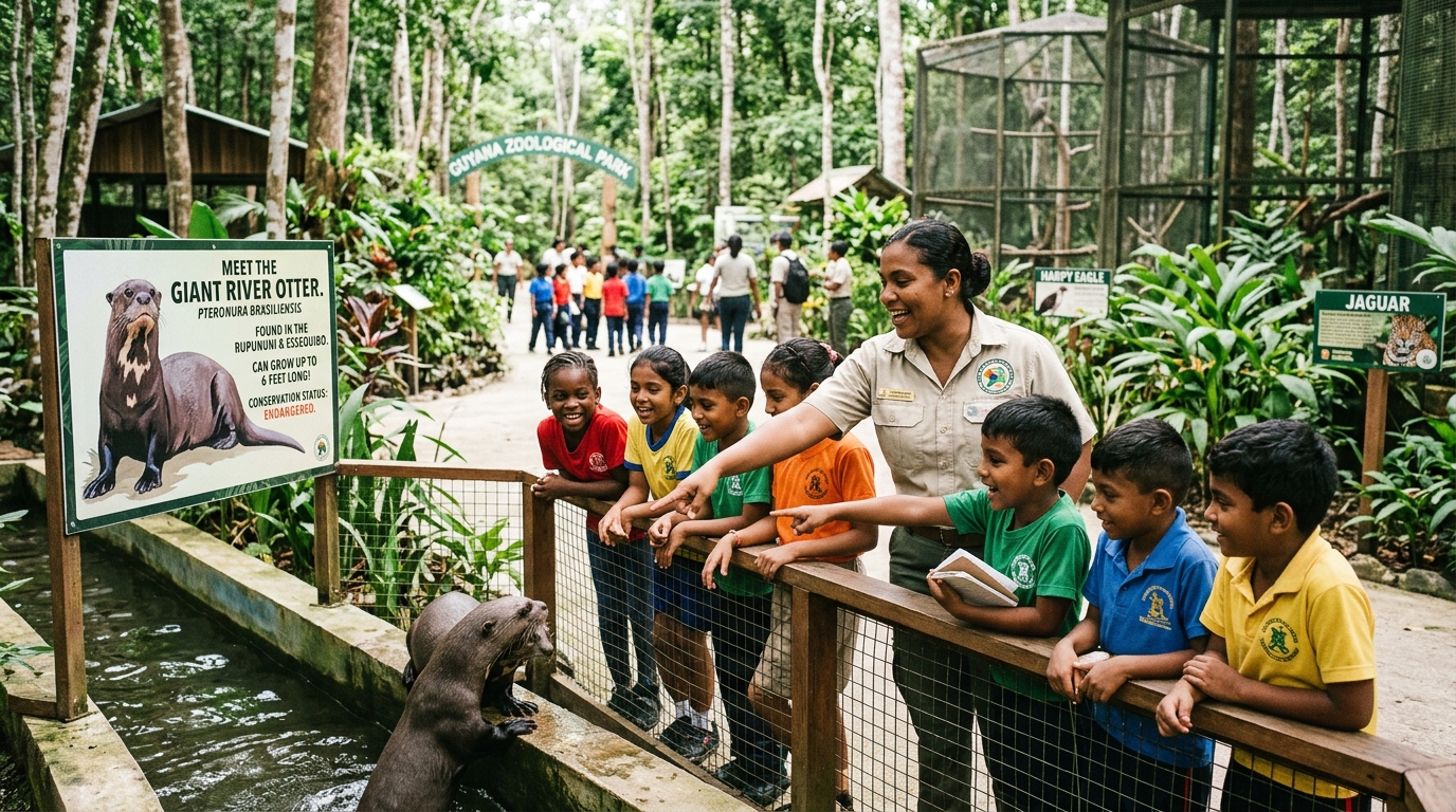 Group of happy Guyanese children on an educational nature tour with a friendly guide