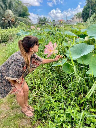 Guest picking water lily leaves on the 7 Curry Tour