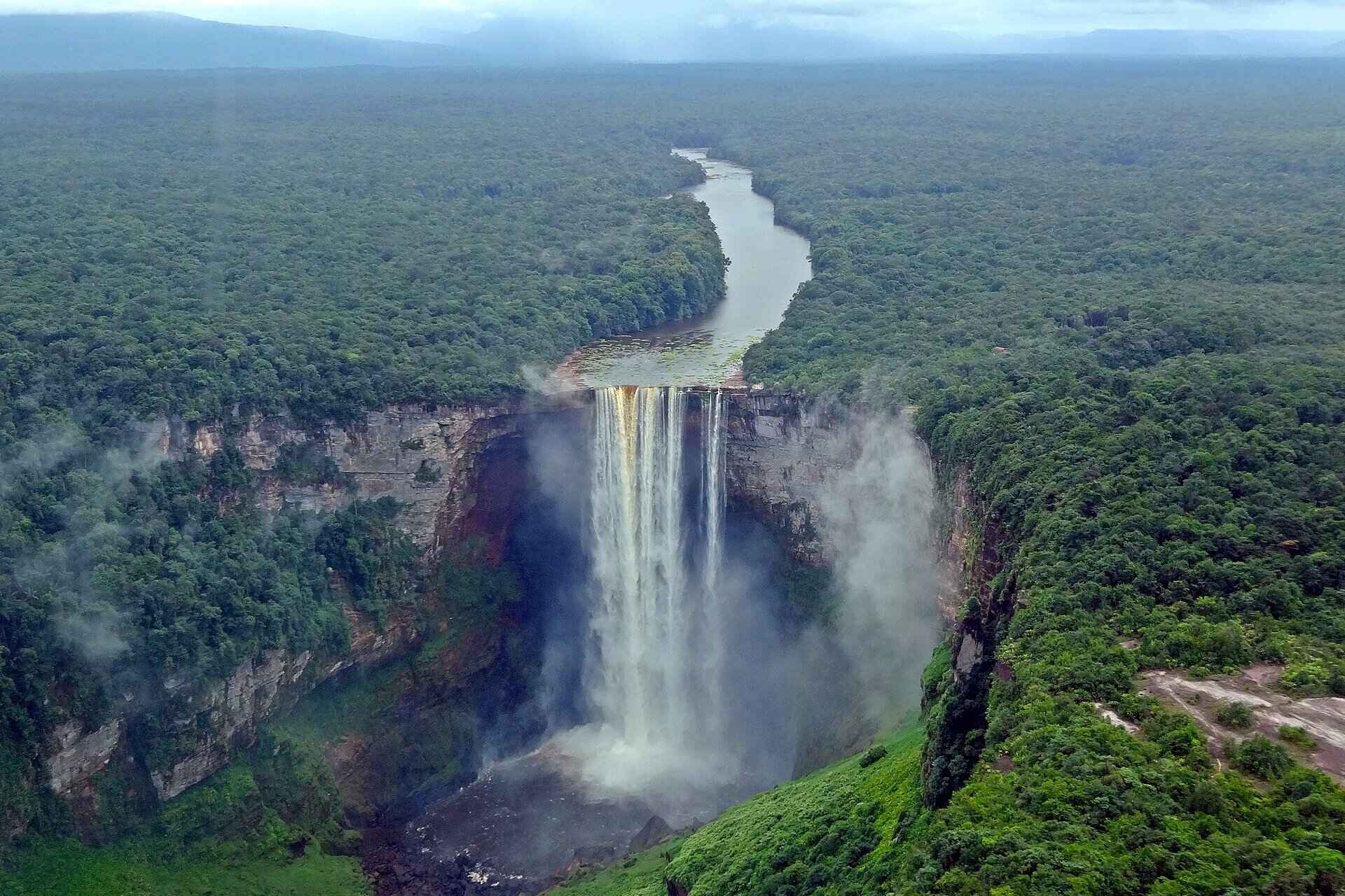 Aerial view of Kaieteur Falls showing the Potaro River plunging 226 metres into the gorge
