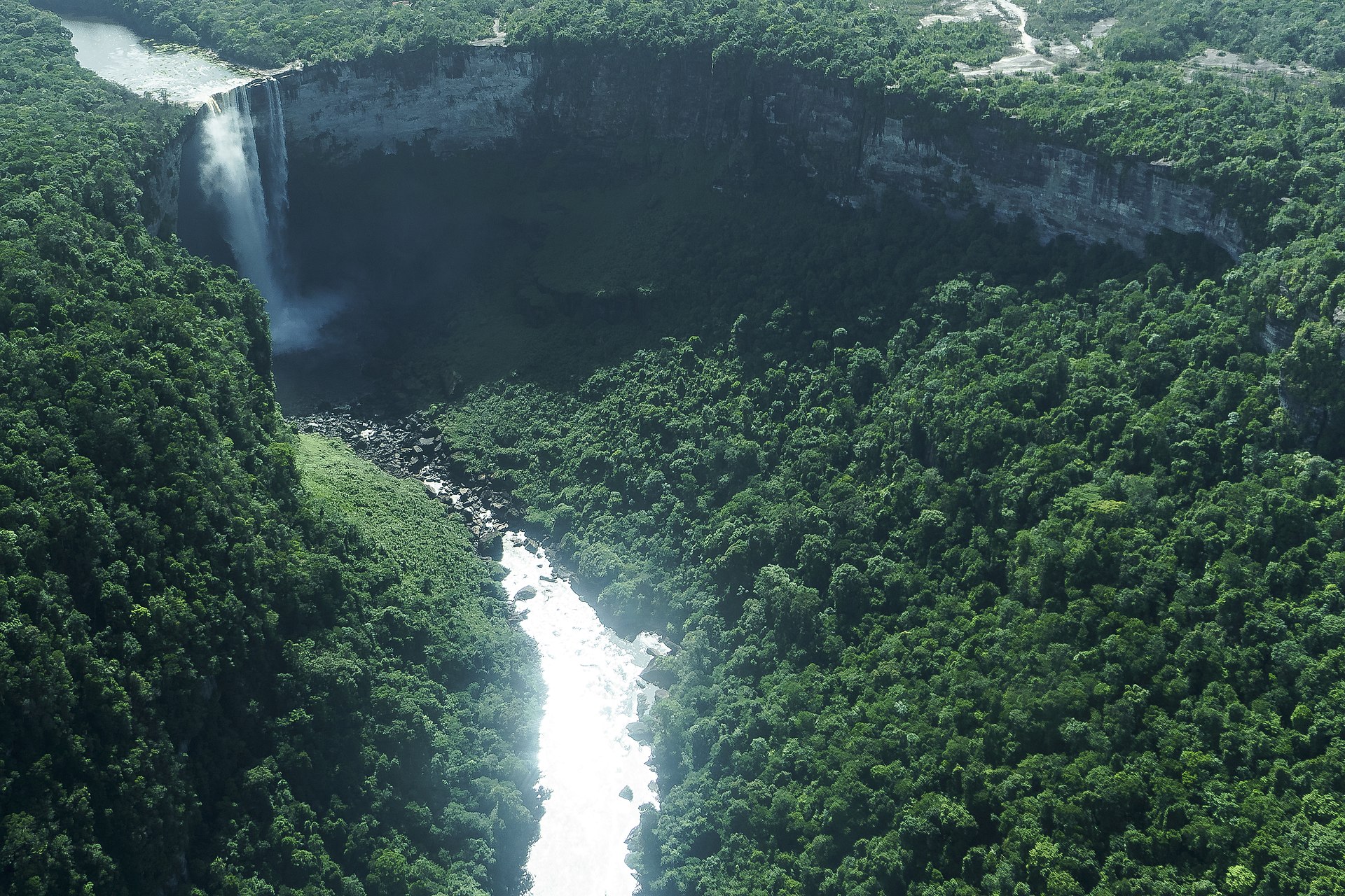 Panoramic view of the Kaieteur Falls gorge with the Potaro River flowing through dense rainforest