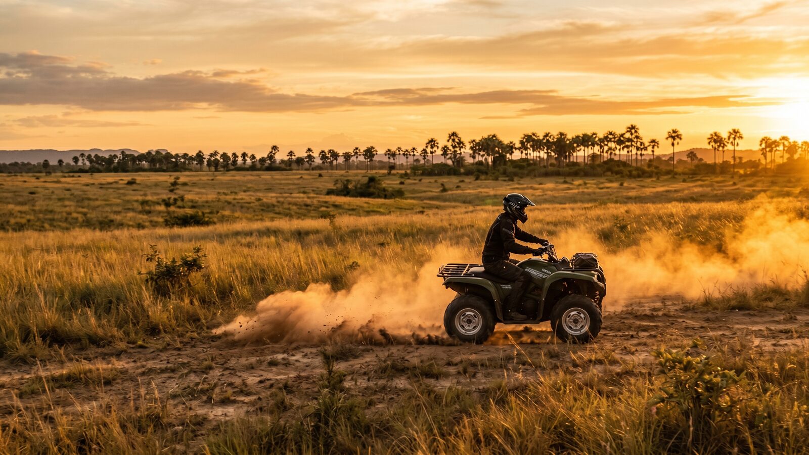 ATV sunset ride across the Yarrowkabra savannah, Guyana